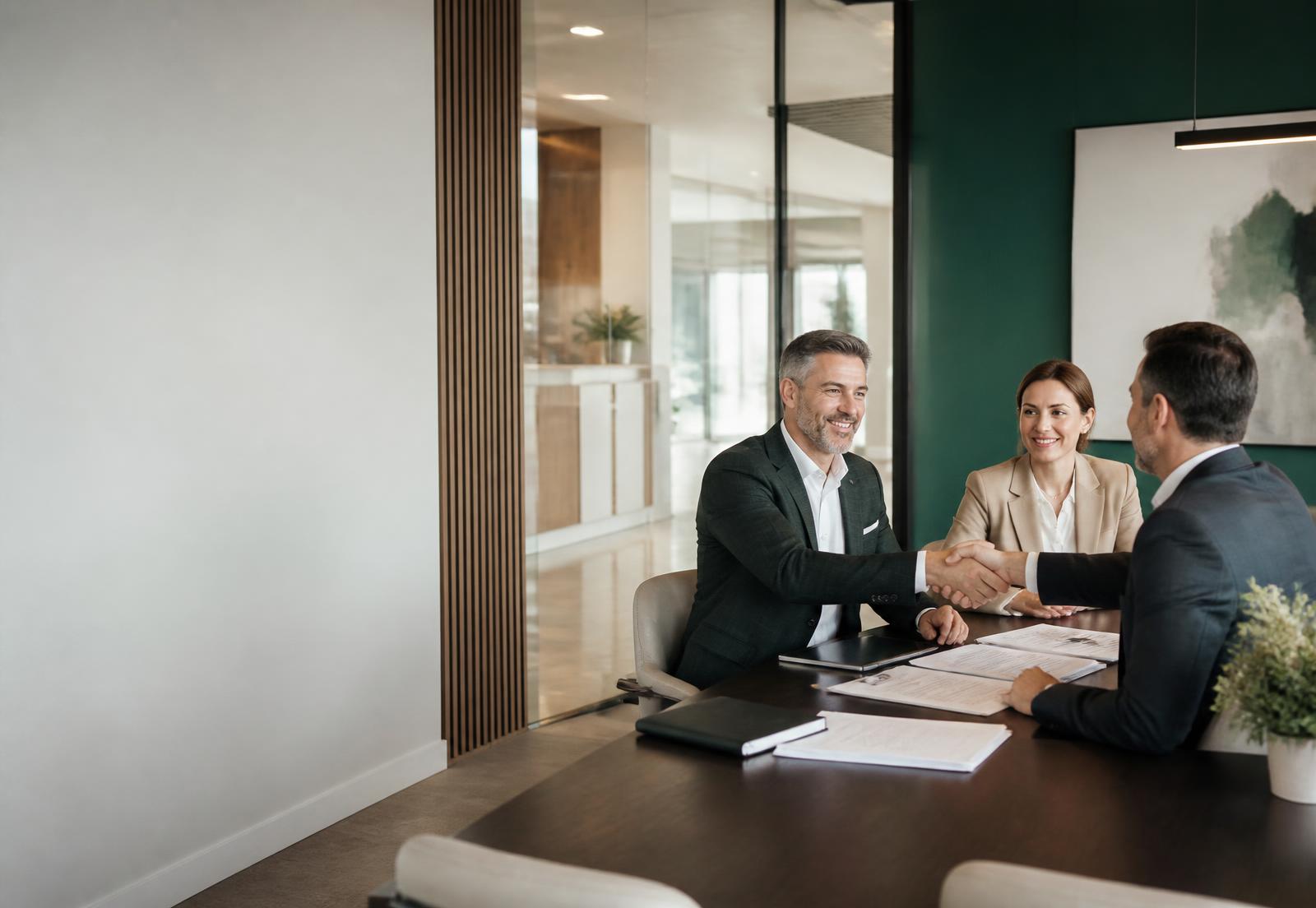 Healthcare business leaders completing a confidential acquisition agreement